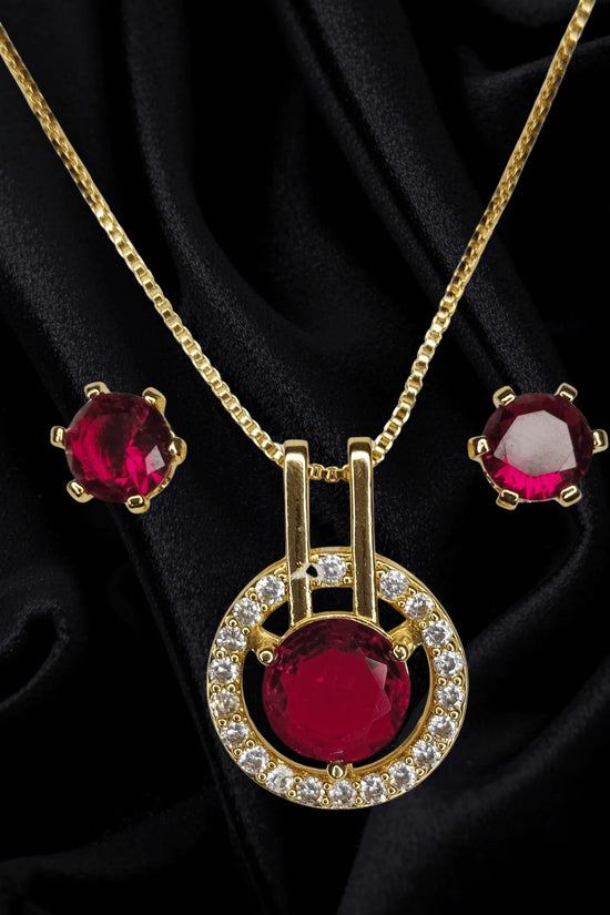 Royal Ruby Glow Gold-Plated Pendant & Earrings Set