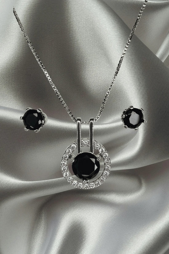 Midnight Black Crystal Silver-Plated Pendant & Earrings Set