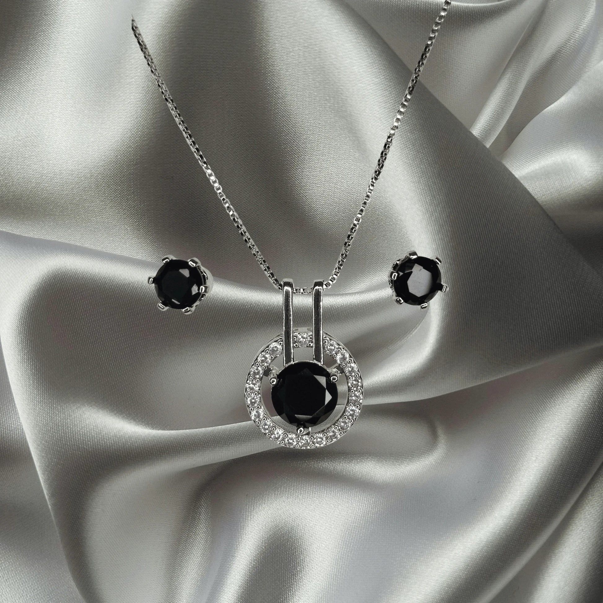 Midnight Black Crystal Silver-Plated Pendant & Earrings Set