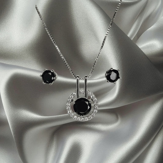 Midnight Black Crystal Silver-Plated Pendant & Earrings Set